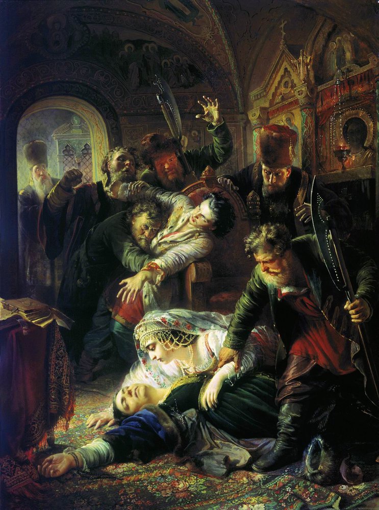 Makovsky_False_Dmitrys_agents_murdering_Feodor_Godunov_and_his_mother_1862